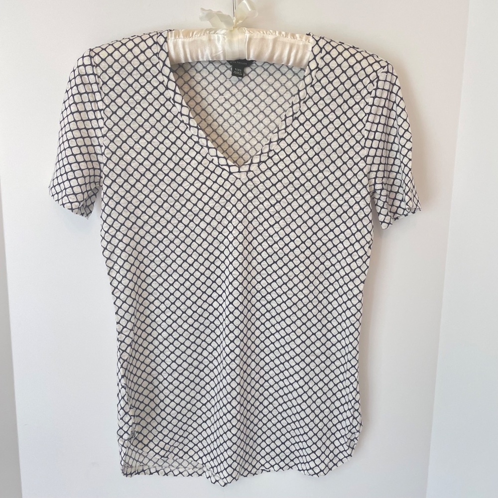 Ann Taylor 100% Linen Navy Blue White Geometric Tee Shirt XXS
